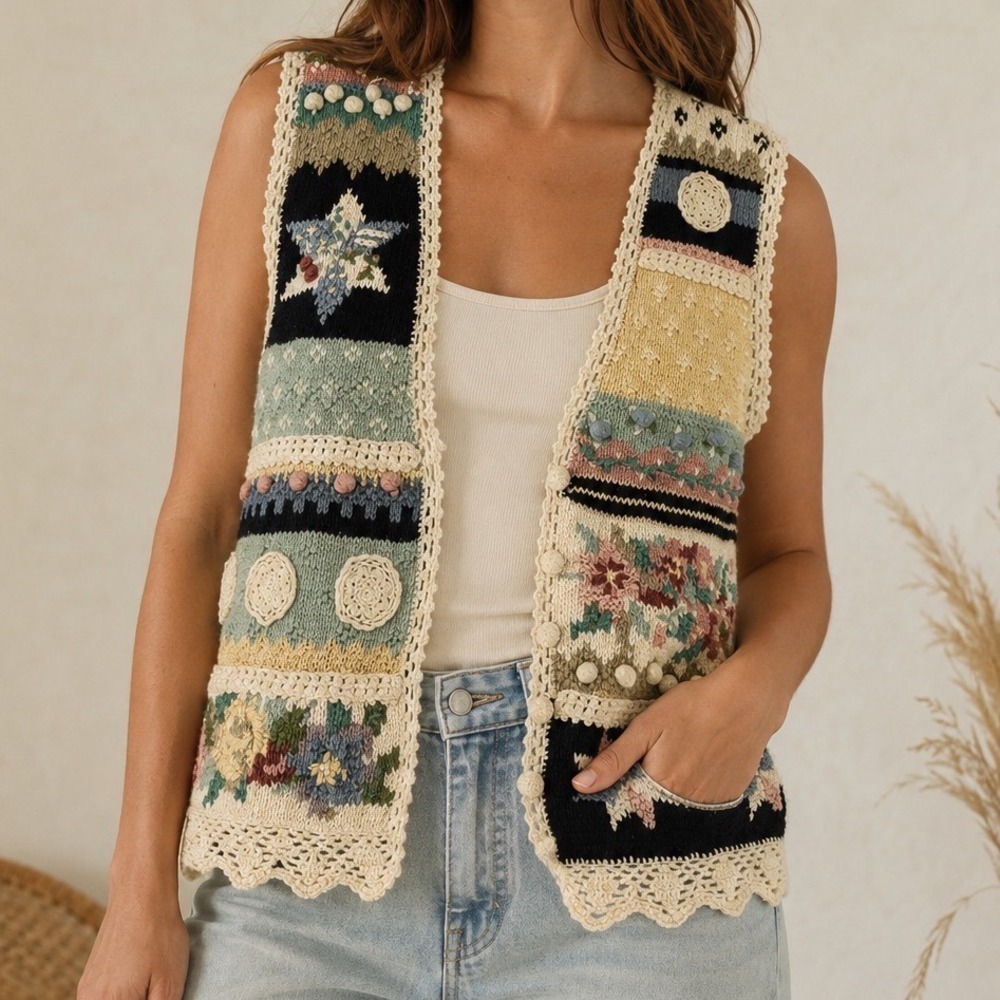 Vintage Casual Corner 1993 Patchwork Floral Silk Cotton Knit Vest Cottagecore yy